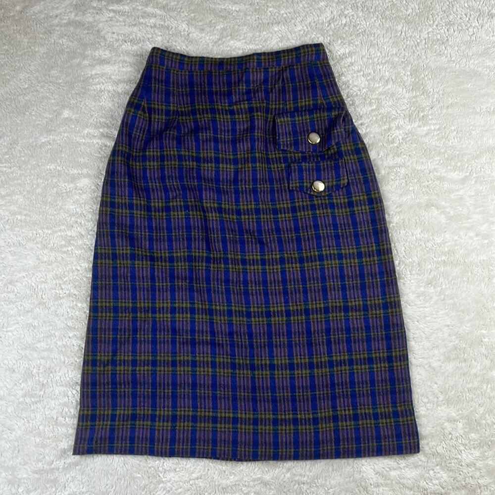 Vintage Unbranded blue plaid a‎ line midi skirt, size XS